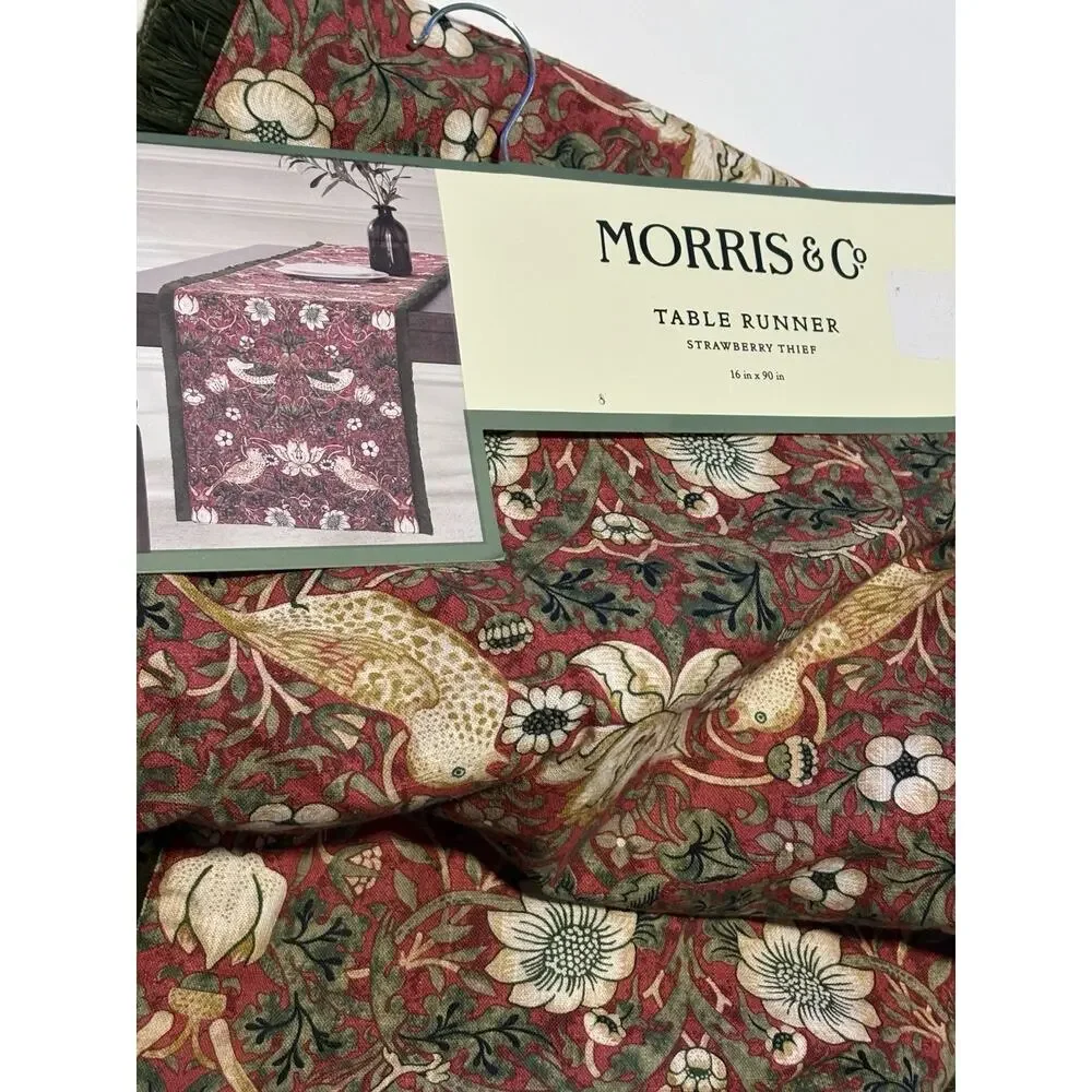 William Morris & Co Strawberry Thief Table Runner Red Olive Green Fringe 16x90”